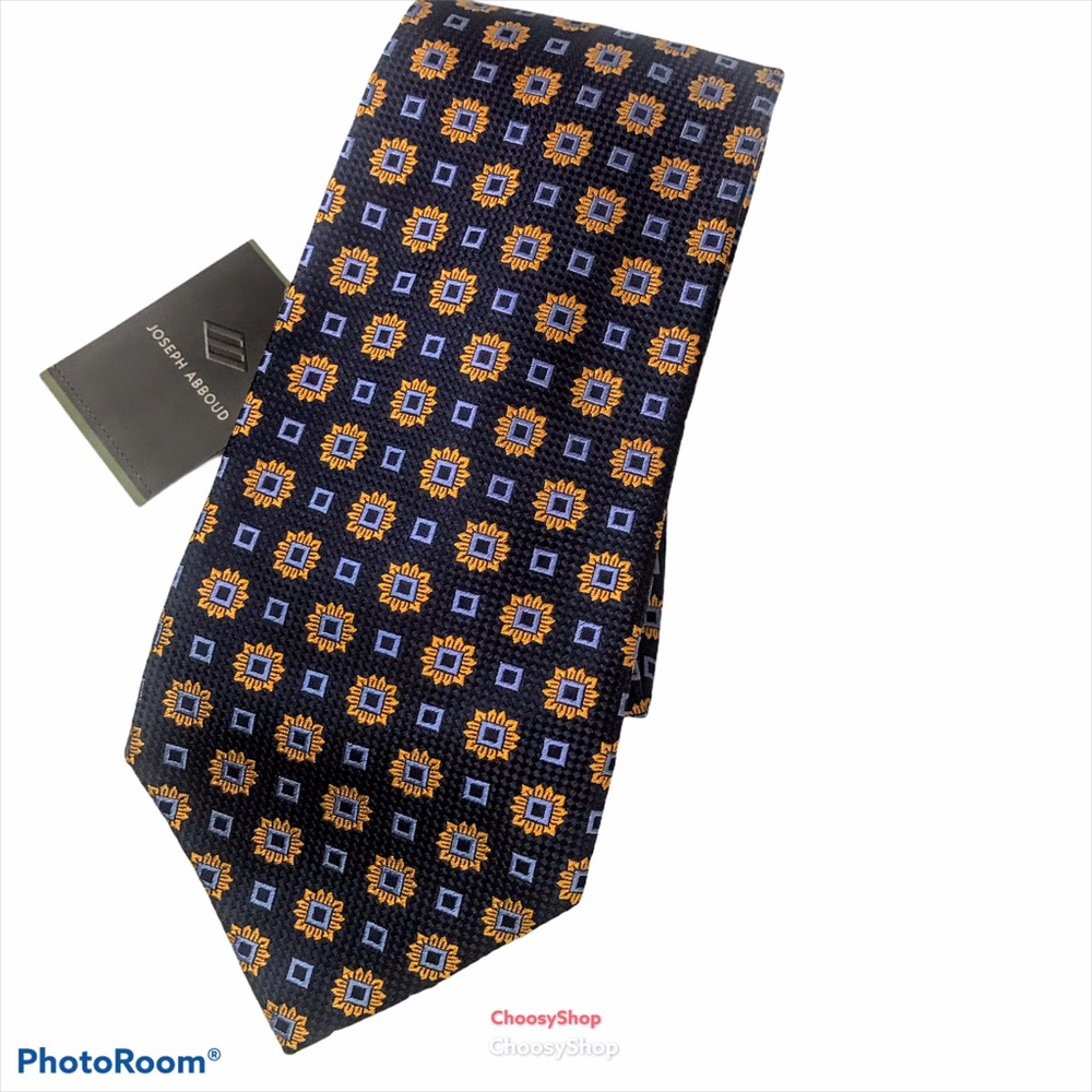 Silk Tie NWT JOSEPH ABBOUD Navy & Orange Flowers and Squares